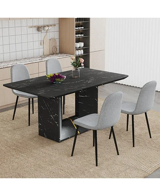 Black Marble Dining Set - 63" Table & 4 Gray Linen Chairs