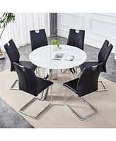 Stylish 42" Round Table & 6 Black Dining Chairs with Metal Legs