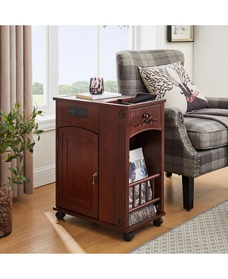 Powered End Table with Charging Station, Nightstand with Storage, Wheels, Red
