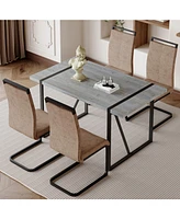 Modern Grey Marble Table with Metal Frame and 4 Arched Brown Fabric Chairs