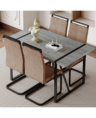 Modern Grey Marble Table with Metal Frame and 4 Arched Brown Fabric Chairs