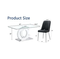 Translucent Glass Dining Set with 4 Pu Leather Chairs and Silver Metal Legs