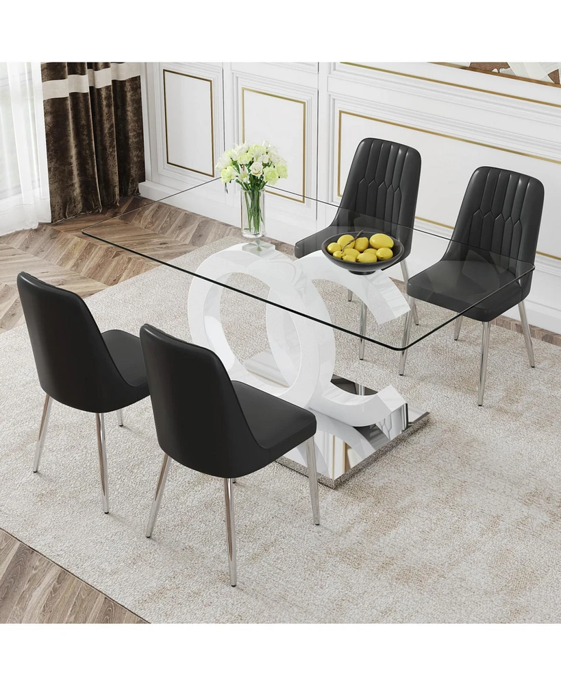 Translucent Glass Dining Set with 4 Pu Leather Chairs and Silver Metal Legs