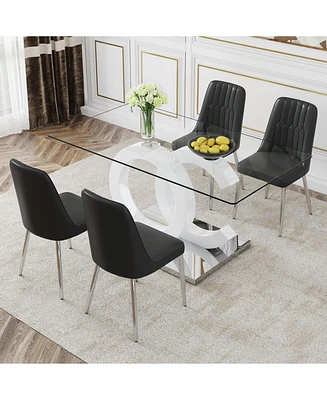 Translucent Glass Dining Set with 4 Pu Leather Chairs and Silver Metal Legs