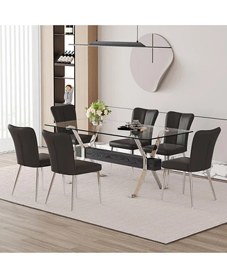 Elegant Glass Dining Set with 6 Black Striped Pu Chairs (71"x35.4")