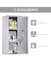Wall Mounted Medicine Cabinet, Locking Wall Cabinet with 3 Tier Shelves, Stainless Steel Frame and Glass Door, Lockable with 2 Keys, Silver, 12"