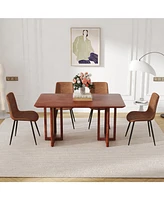 Walnut Dining Set: Wood Table, Rattan Legs, 4 Brown Tech-Fabric Chairs