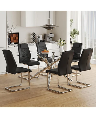 Glass Dining Table Set with 6 Pu Chairs