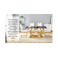 Sintered Stone Dining Set: 63" Table & 4 White/Gold Chairs