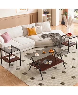 Coffee Table and End tables Set of 3, Tempered Glass Table with Mdf layer, Modern Tables for Living Room