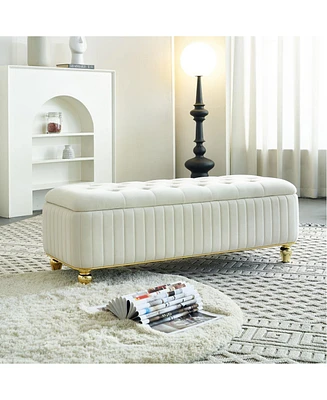 47.24''W Storage Ottoman,Upholstered Velvet Fabric Storage Ottoman with Safety Hinge, gold decoration strip and gold embroidery Footstool, Ottoman Ben