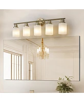 5-Light Golden Bathroom Vanity Light Fixture, Frosted Glass Shades, Modern Wall Mounted Lighting (No Bulbs)