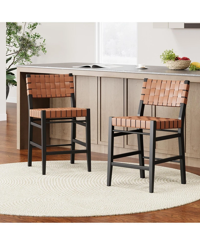 24" Classic Pu Counter Stools (Set of 2), Rubberwood Frame, Brown