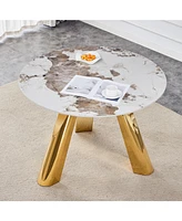 42-inch Round White Pattern Burning Stone Table with Gold Legs