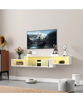 65.35in Wall Mounted Floating Tv Stand with 20 Color LEDs and Charging Station
