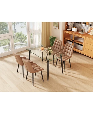 Modern Glass Table and Pu Leather Dining Set with 4 Chairs (Brown Pu Chairs and Glass Table with Black Legs)
