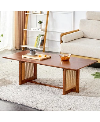 Chinese Style Rectangle Rattan Coffee Table, Walnut Color