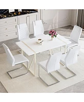 Cream-White Mdf Dining Table (55"x31") with 6 White Chairs & Silver Legs