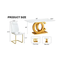 Luxury Tempered Glass Dining Set with 6 Pu Chairs (Arched Metal Gold Leg)