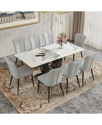 Pandora Dining Set: 71" Tempered Glass Table & 8 Striped Gray Chairs