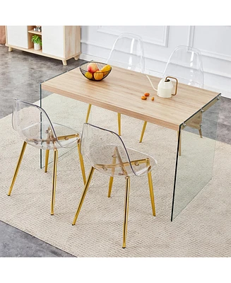 Contemporary Wood Table and Chair Set: Textured Mdf Table with Tempered Glass Legs and 4 Acrylic Chairs on Gold Bases