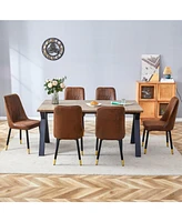Wood-Textured Mdf Dining Table and Brown Suede Chairs Set