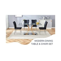 Modern Glass Dining Table with X-Shaped Legs and 4 Black Pu Chairs