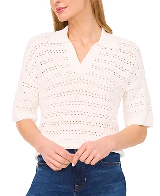 CeCe Women's Open-Knit Short-Sleeve Polo Sweater