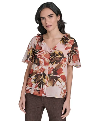 Calvin Klein Women's Printed Ruffle-Neck Button-Front Blouse