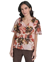 Calvin Klein Women's Printed Ruffle-Neck Button-Front Blouse