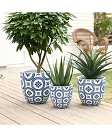 LuxenHome Blue and White Flower Pattern Round Tapered -Inch Tall Mgo Planter