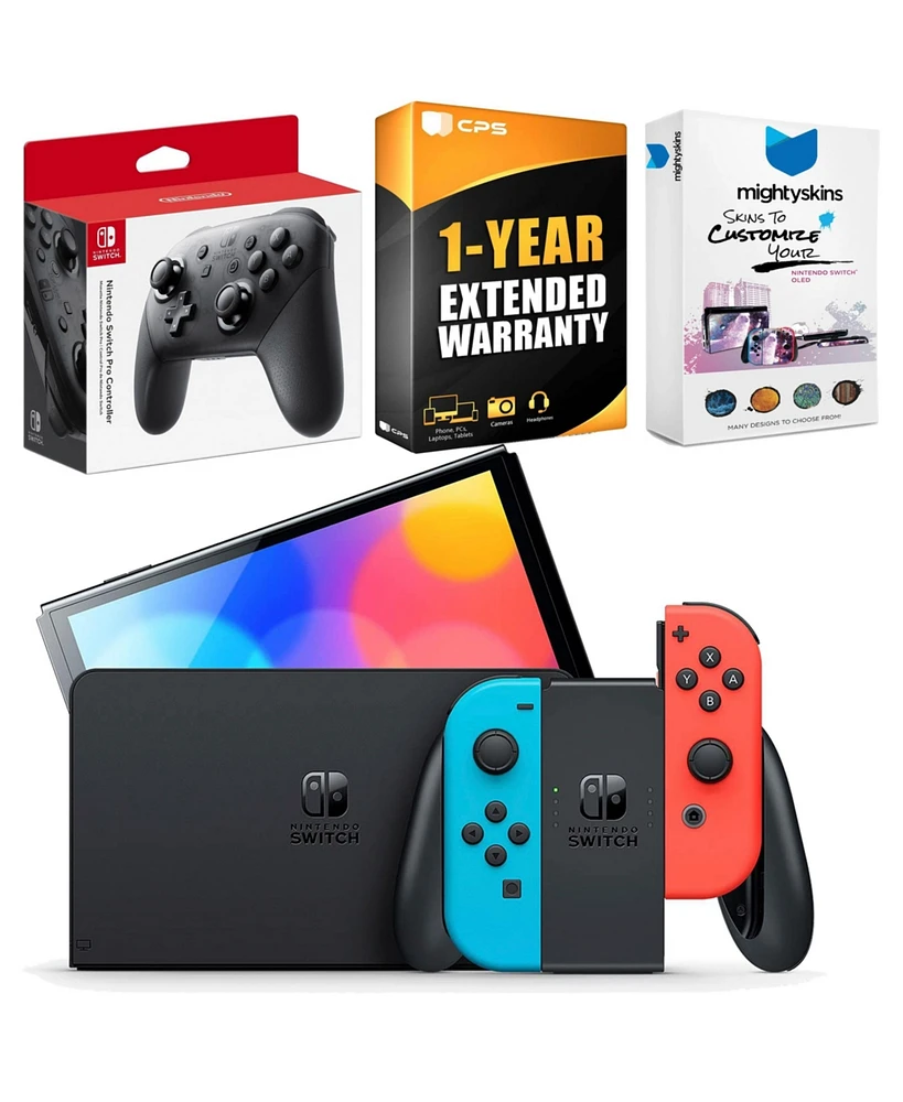 Nintendo Switch Neon Red & Blue Oled Console with Pro Controller, MightySkins and Controller Skin Voucher, 1 Year Cps Extended Warranty