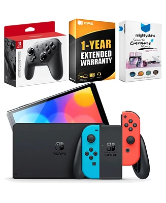Nintendo Switch Neon Red & Blue Oled Console with Pro Controller, MightySkins and Controller Skin Voucher, 1 Year Cps Extended Warranty