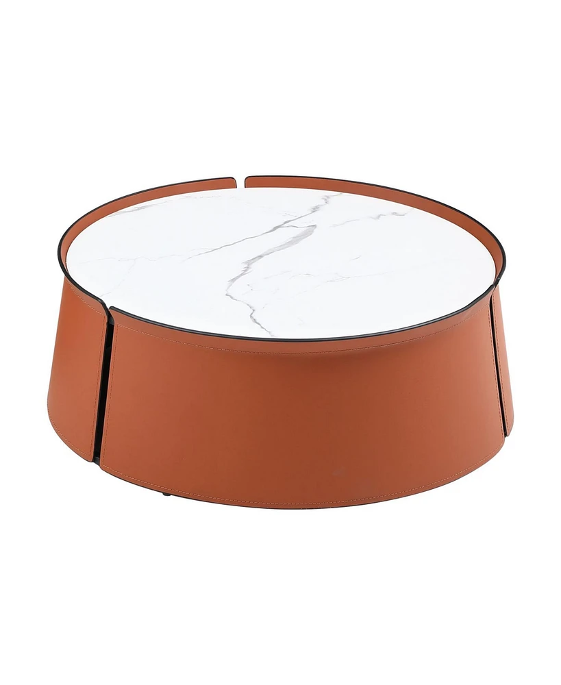 31.5" Coffee Table, Marble Top+Orange Saddle Leather Body+Iron Frame