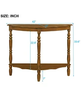 42'' Retro Circular Curved Half-Moon Console Table with Cloud Design Top and Open Shelf Solid Wood Frame and Legs, Brown