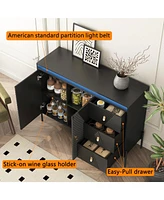 Buffets & Sideboards, Fluted Sideboard Cabinet, 2 Door 3 Drawer Design, with Led Lights,Acceent Black Sideboard