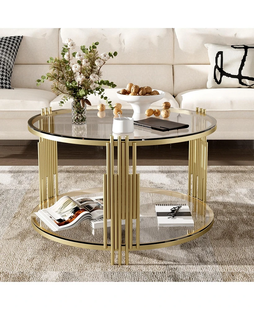 Modern Glass Coffee Table in 31.5", Asymmetrical Metal, Circular Metal Drum Base, Gold Finish & Lower Shelf