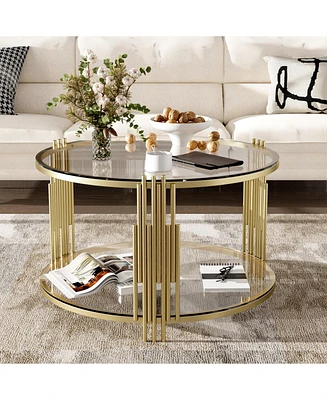 Modern Glass Coffee Table in 31.5", Asymmetrical Metal, Circular Metal Drum Base, Gold Finish & Lower Shelf