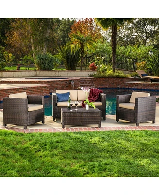 4-Piece Outdoor Wicker Sofa Set with Cushions & Coffee Table