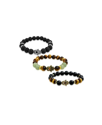 Bling Jewelry Set of 3 Talisman Amulet Stretch Bracelet Set with Natural Stones & Hamsa Hand Charm