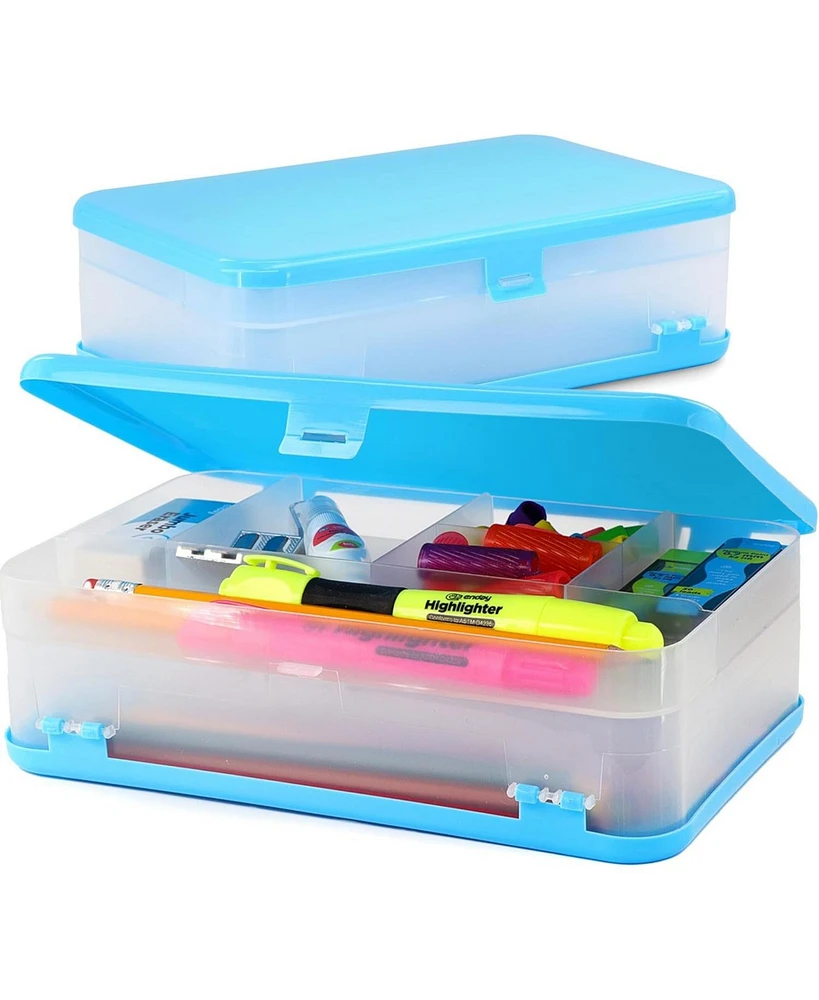 Enday Pencil Box Pink, Large Capacity Plastic Double Deck School Supply Box with 12 Compartments, Plastic Pencil Box with Snap-Tight Lid, Hard Pencil