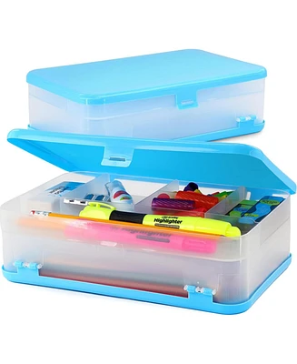 Enday Pencil Box Pink, Large Capacity Plastic Double Deck School Supply Box with 12 Compartments, Plastic Pencil Box with Snap-Tight Lid, Hard Pencil