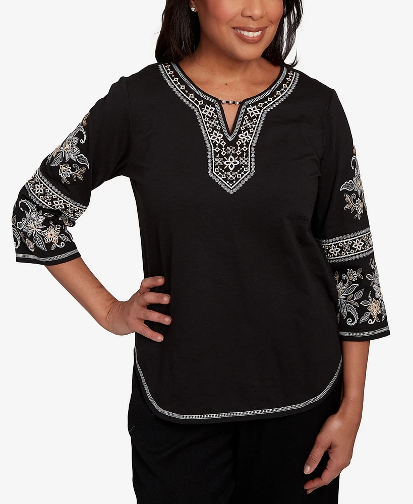 Alfred Dunner Petite Santa Barbara Beaded Neck Embroidered Sleeve Top