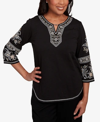 Alfred Dunner Petite Santa Barbara Beaded Neck Embroidered Sleeve Top