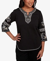 Alfred Dunner Petite Santa Barbara Beaded Neck Embroidered Sleeve Top