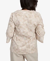 Alfred Dunner Petite Copper Canyon Printed Floral Bell Sleeve Embroidered Top