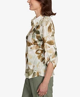 Alfred Dunner Petite Copper Canyon Knit Leaf Button Front Collared Top