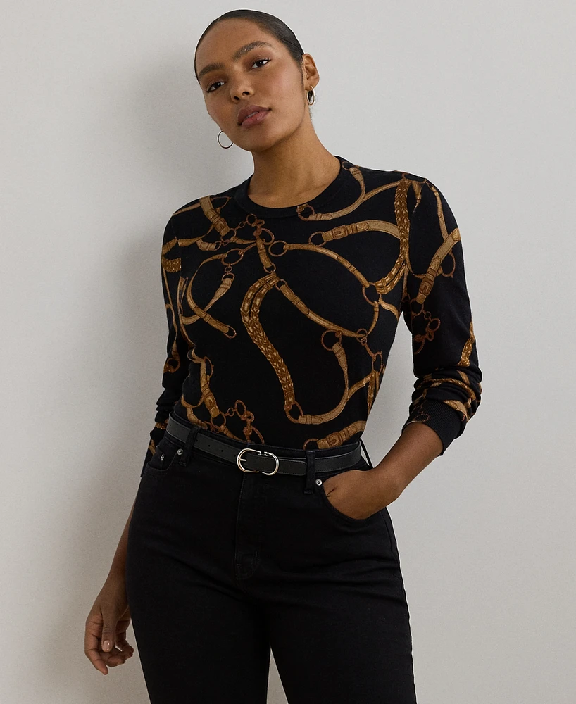Lauren Ralph Plus Belting-Print Cotton-Blend Sweater