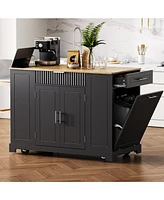 Fluted Kitchen Island Cart: Trash Storage, Power, Drawers
