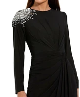 Mac Duggal Women's Jersey Long Sleeve Wrap Gown With Beaded Shoulder